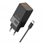 Chargeur secteur 65W GaN 2x USB‑C + USB‑A avec câble USB‑C – noir