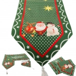 Chemin de table de Noël vert 205 × 35 cm avec Père Noël, bonhomme de neige et renne