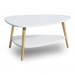 Table basse moderne avec étagère et pieds en bois, coloris blanc