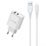 Awei chargeur secteur GaN 22,5 W USB + USB‑C avec câble USB‑A/Lightning