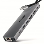 AXAGON HMC-7HX2 hub USB‑C multiports 7‑en‑1 avec 2× HDMI 4K/60 Hz, 2× USB‑A, USB‑C, GLAN et PD 100 W