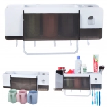 Organisateur mural pour brosses à dents avec distributeur de dentifrice et 3 gobelets, blanc