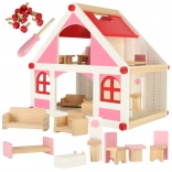 Maison de poupée en bois rose avec mobilier 36 cm