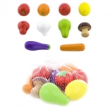 Fruits et légumes en bois pour enfants dans un filet