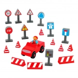 Jeujura figurines en bois conducteur avec petite voiture et panneaux de signalisation