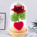 Rose rouge éternelle sous cloche en verre avec éclairage LED et petit cœur 14 × 8 cm