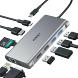 Hub USB‑C en aluminium 10‑en‑1 avec Ethernet, HDMI 4K, VGA, lecteur de cartes et PD 100 W AUKEY