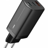Chargeur secteur GaN 65 W, 2× USB‑C + USB‑A, noir