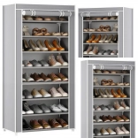 Étagère à chaussures 8 niveaux avec housse anti-poussière – gris