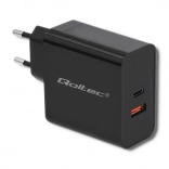 Chargeur Qoltec 63W avec USB-C PD et USB QC 3.0 noir