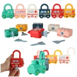 Coffret Montessori de petites voitures à serrure avec clés – train et véhicules, 13 pièces