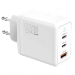 Chargeur secteur 2× USB‑C + USB‑A avec Power Delivery, blanc, GaN 65 W