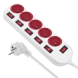 Multiprise parasurtenseur avec 5 prises et interrupteurs individuels, blanc/rouge