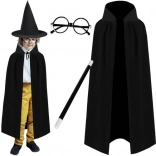 costume de sorcier pour enfants set 4 pièces avec cape, chapeau, lunettes et baguette