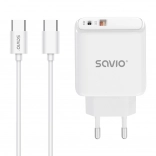 chargeur secteur 30 W avec USB‑C PD et USB‑A QC + câble USB‑C – Savio