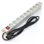 PDU multiprise pour rack 19", 9× prise Type E, câble 2 m C14, 10 A, interrupteur, aluminium