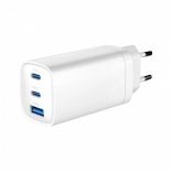 Chargeur rapide GaN 65 W avec Power Delivery, 2× USB‑C et 1× USB‑A, blanc