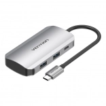 Station d’accueil USB-C 5-en-1 avec 4× USB 3.0 et alimentation PD 100 W Vention, câble 15 cm, gris