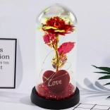 Rose éternelle sous cloche avec éclairage LED, cœur et perles rouges 21x11cm