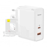 chargeur baseus gan5 pro 100w avec usb‑c et usb + câble 1 m, blanc