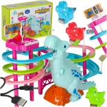 Piste de course dinosaures avec toboggan, escalier mobile, LED et son