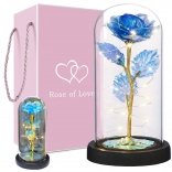 Rose éternelle sous cloche en verre avec éclairage LED – lampe décorative bleue et arrangement cadeau