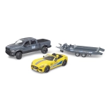 Bruder pick-up tout-terrain RAM avec remorque, voiture de sport et figurine