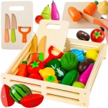 Set en bois de fruits et légumes à découper dans une caissette, 34 pièces
