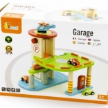 Garage en bois avec petites voitures et hélicoptère